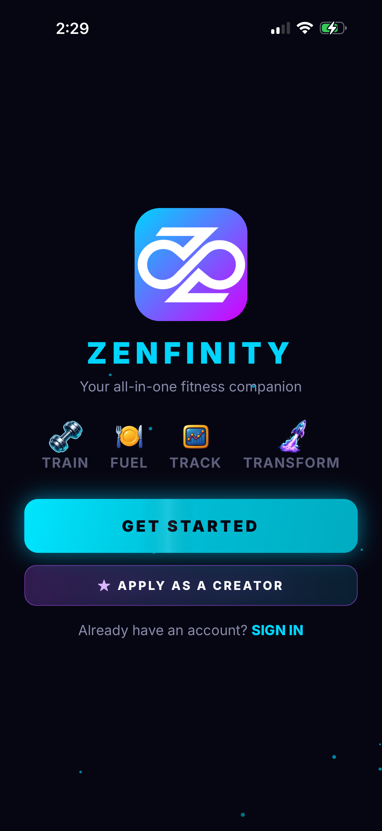 Zenfinity welcome screen with Apply as a Creator