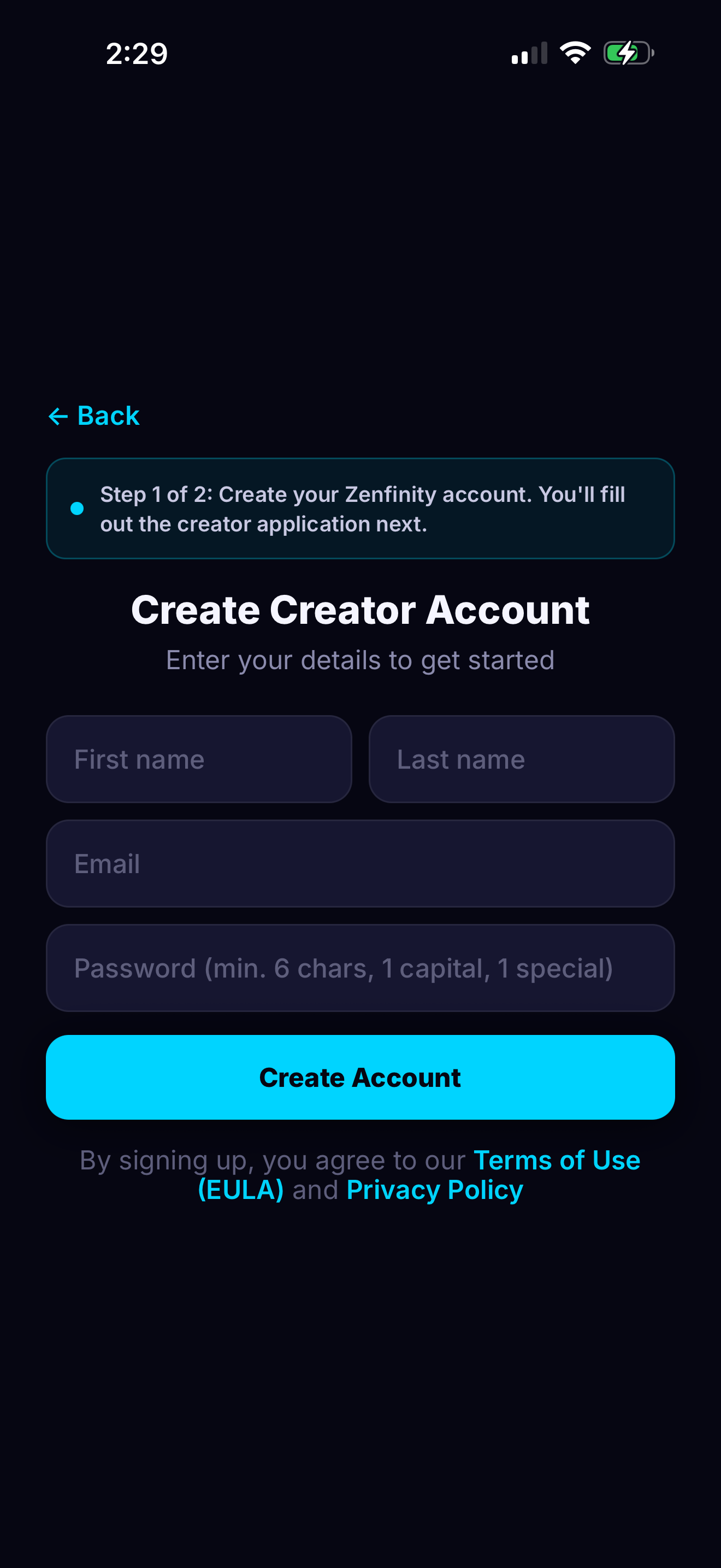 Create Creator Account form